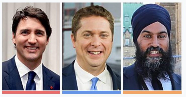 به ترتیب از چپ به راست: جاستین ترودو، رهبر حزب لیبرال. اندرو شی‌یر، رهبر حزب محافظه‌کار و جاگمیت سینگ رهبر حزب NDP (نئودموکرات)
